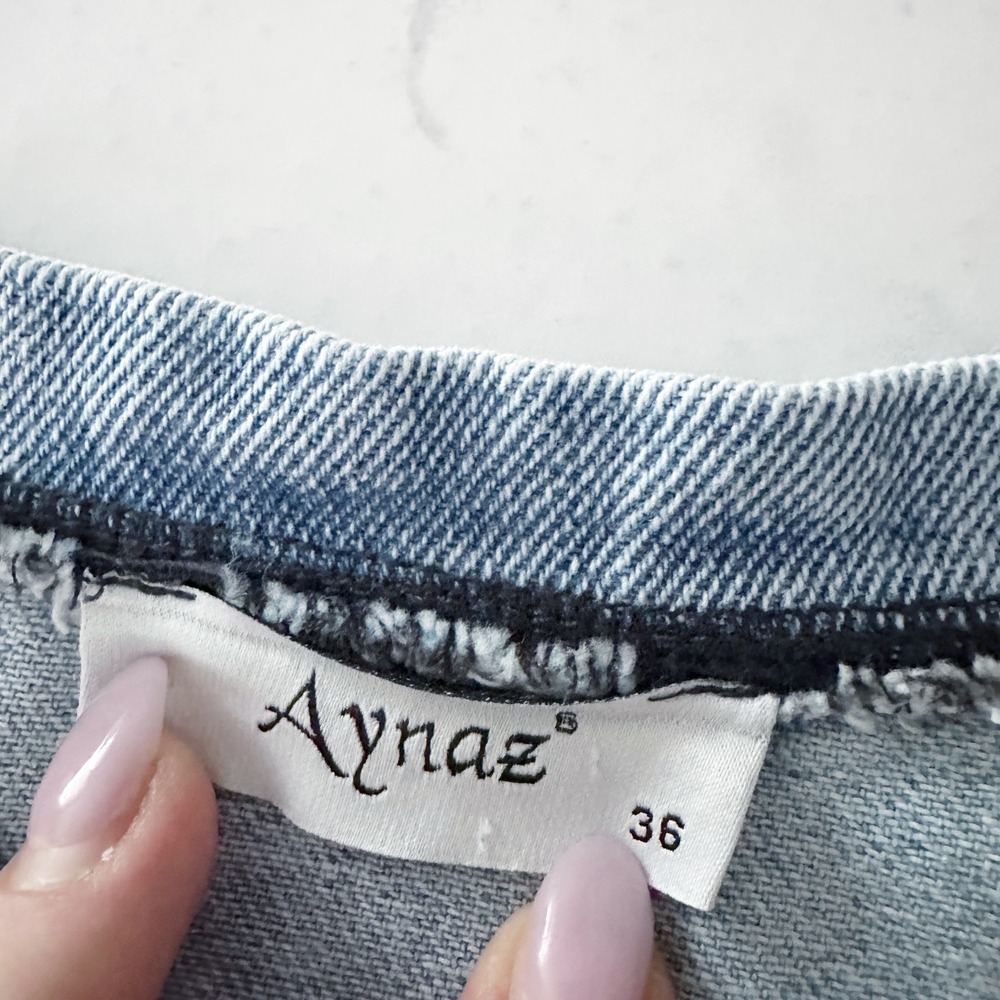 Aynaz Denim Rhinestone Open Side Tir Blue Cotton Crop Top Womens Size 36 - Picture 3 of 8